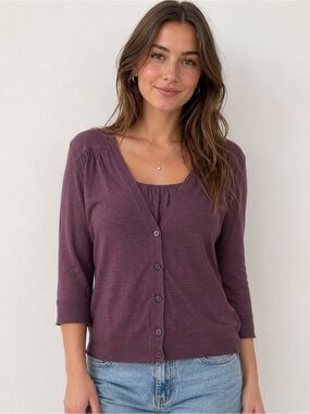 LOFT 100% Cotton 3/4 Sleeve Cardigan Sweater | Medium | Plum Purple